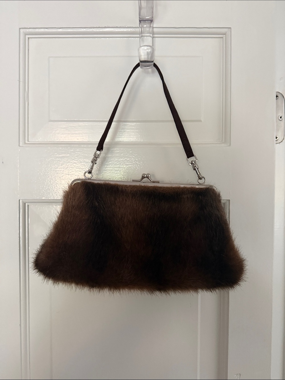 Vintage Brown Faux Fur Frame. Leather Strap Womens Bag